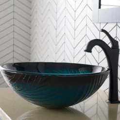 KRAUS 17-Inch Green Glass Nature Series Bathroom Vessel Sink and Arlo Faucet Combo Set with Pop-Up Drain