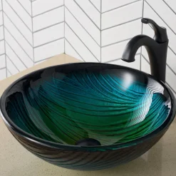 KRAUS 17-Inch Green Glass Nature Series Bathroom Vessel Sink and Arlo Faucet Combo Set with Pop-Up Drain