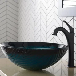KRAUS 17-Inch Green Glass Nature Series Bathroom Vessel Sink and Arlo Faucet Combo Set with Pop-Up Drain
