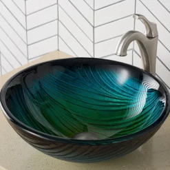 KRAUS 17-Inch Green Glass Nature Series Bathroom Vessel Sink and Arlo Faucet Combo Set with Pop-Up Drain