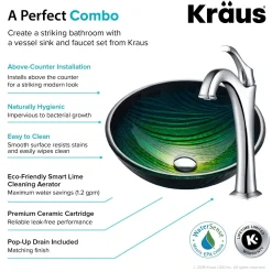 KRAUS 17-Inch Green Glass Nature Series Bathroom Vessel Sink and Arlo Faucet Combo Set with Pop-Up Drain