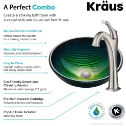 KRAUS 17-Inch Green Glass Nature Series Bathroom Vessel Sink and Arlo Faucet Combo Set with Pop-Up Drain