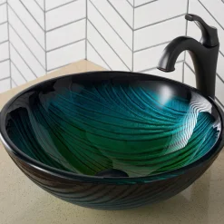 KRAUS 17-Inch Green Glass Nature Series Bathroom Vessel Sink and Arlo Faucet Combo Set with Pop-Up Drain