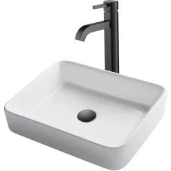 KRAUS 19-Inch Modern Rectangular White Porcelain Ceramic Bathroom Vessel Sink and Ramus Faucet Combo Set with Pop-Up Drain, Oil Rubbed Bronze Finish
