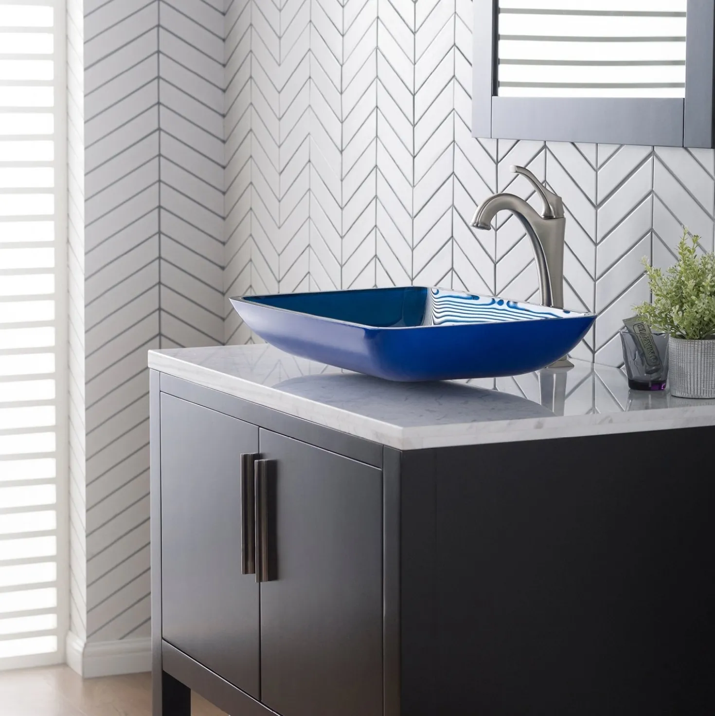 KRAUS 22-Inch Rectangular Blue Glass Bathroom Vessel Sink and Arlo Faucet Combo Set with Pop-Up Drain