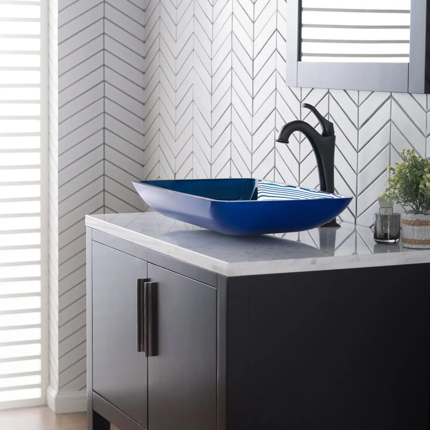 KRAUS 22-Inch Rectangular Blue Glass Bathroom Vessel Sink and Arlo Faucet Combo Set with Pop-Up Drain