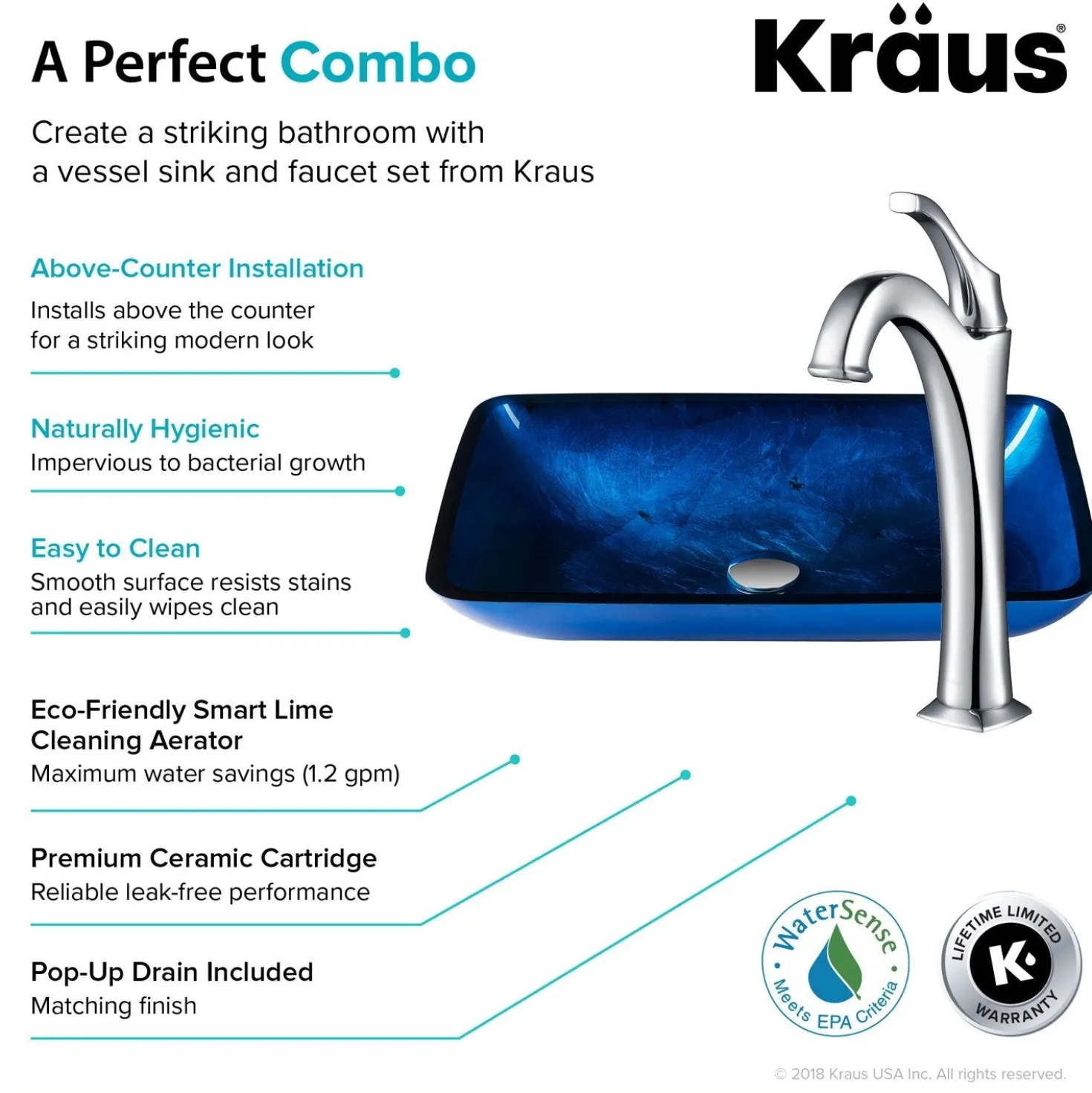 KRAUS 22-Inch Rectangular Blue Glass Bathroom Vessel Sink and Arlo Faucet Combo Set with Pop-Up Drain