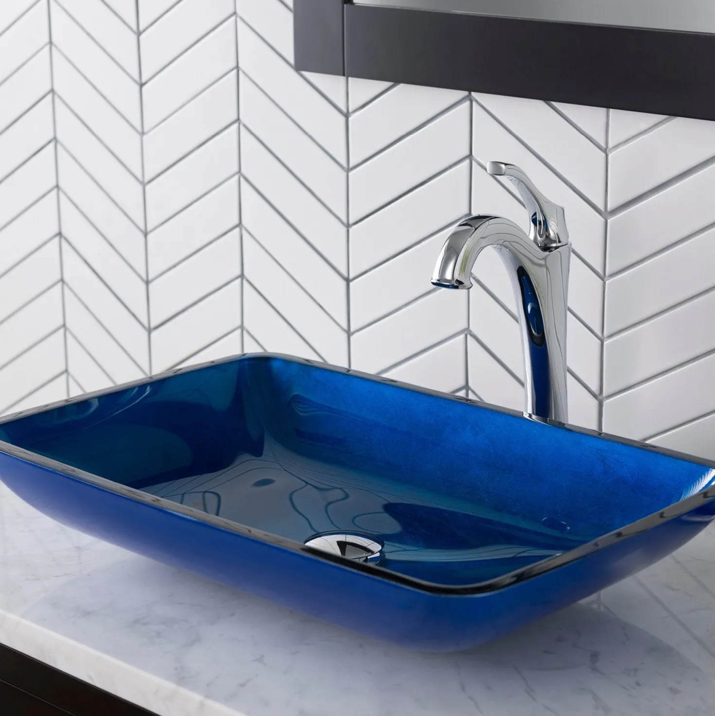 KRAUS 22-Inch Rectangular Blue Glass Bathroom Vessel Sink and Arlo Faucet Combo Set with Pop-Up Drain