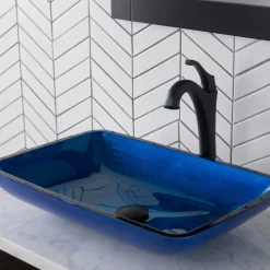 KRAUS 22-Inch Rectangular Blue Glass Bathroom Vessel Sink and Arlo Faucet Combo Set with Pop-Up Drain