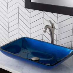 KRAUS 22-Inch Rectangular Blue Glass Bathroom Vessel Sink and Arlo Faucet Combo Set with Pop-Up Drain