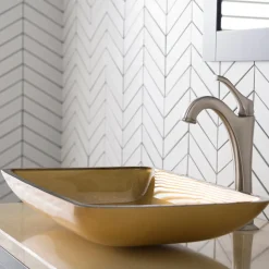 KRAUS 22-Inch Rectangular Gold Glass Bathroom Vessel Sink and Arlo Faucet Combo Set with Pop-Up Drain