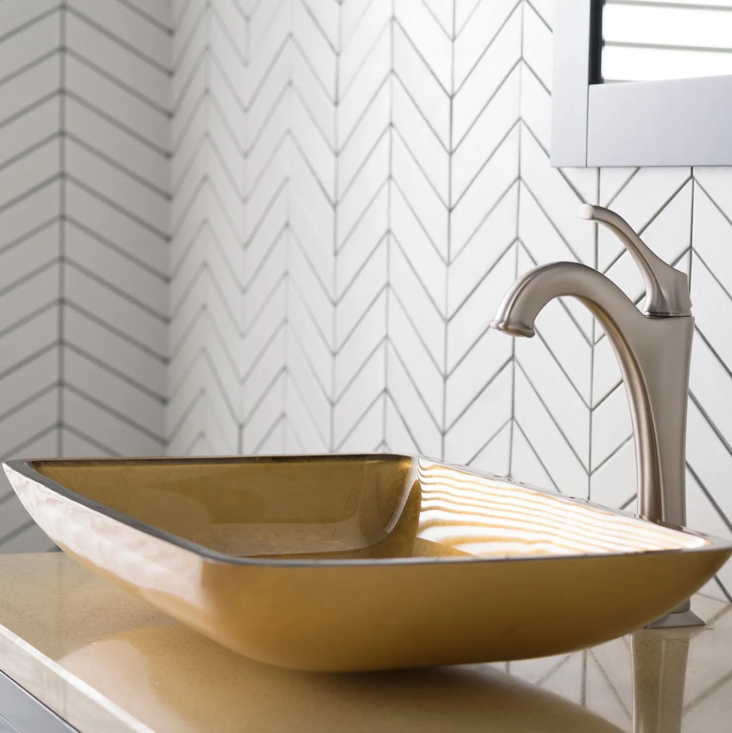 KRAUS 22-Inch Rectangular Gold Glass Bathroom Vessel Sink and Arlo Faucet Combo Set with Pop-Up Drain