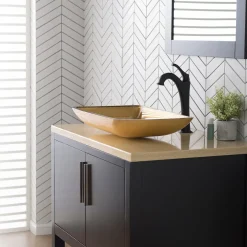 KRAUS 22-Inch Rectangular Gold Glass Bathroom Vessel Sink and Arlo Faucet Combo Set with Pop-Up Drain