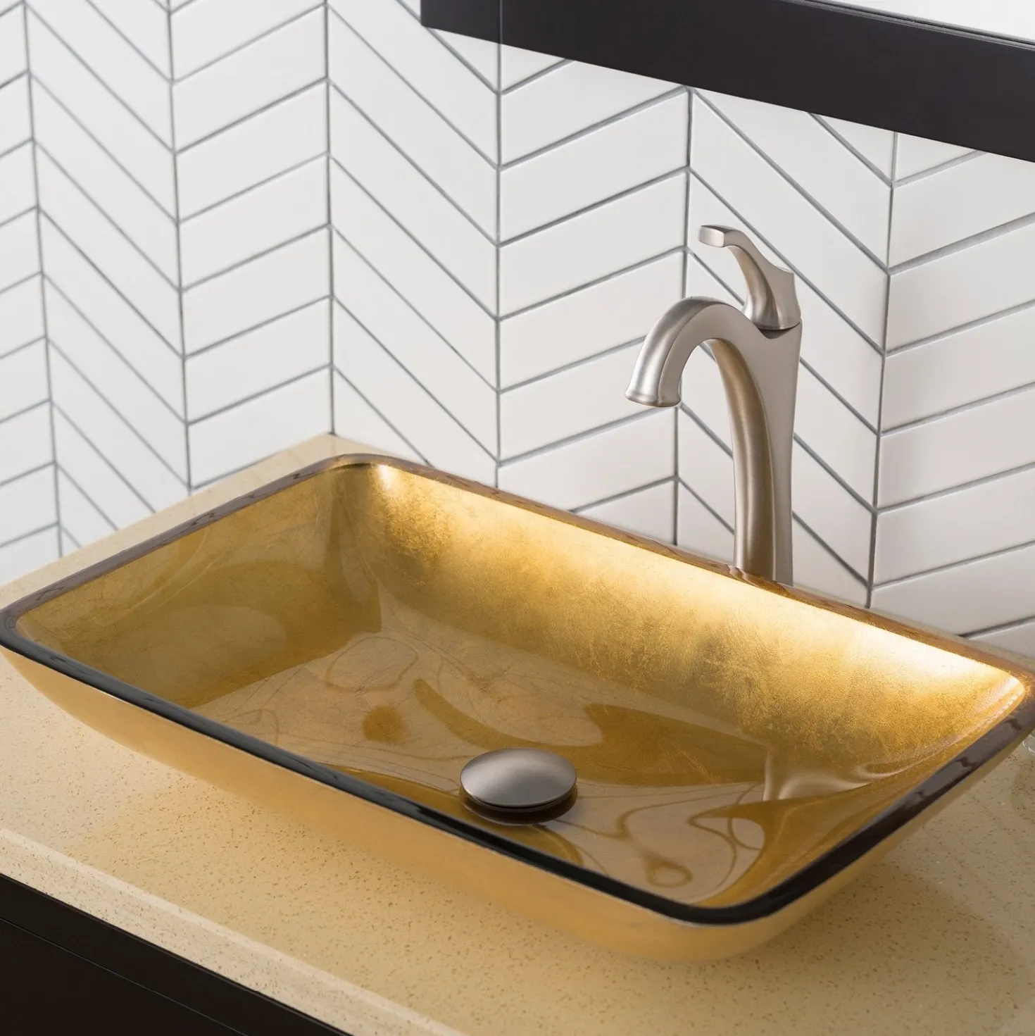 KRAUS 22-Inch Rectangular Gold Glass Bathroom Vessel Sink and Arlo Faucet Combo Set with Pop-Up Drain