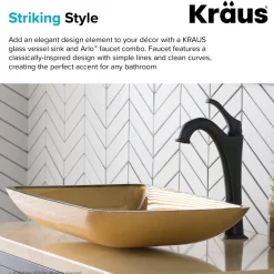 KRAUS 22-Inch Rectangular Gold Glass Bathroom Vessel Sink and Arlo Faucet Combo Set with Pop-Up Drain