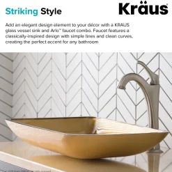 KRAUS 22-Inch Rectangular Gold Glass Bathroom Vessel Sink and Arlo Faucet Combo Set with Pop-Up Drain