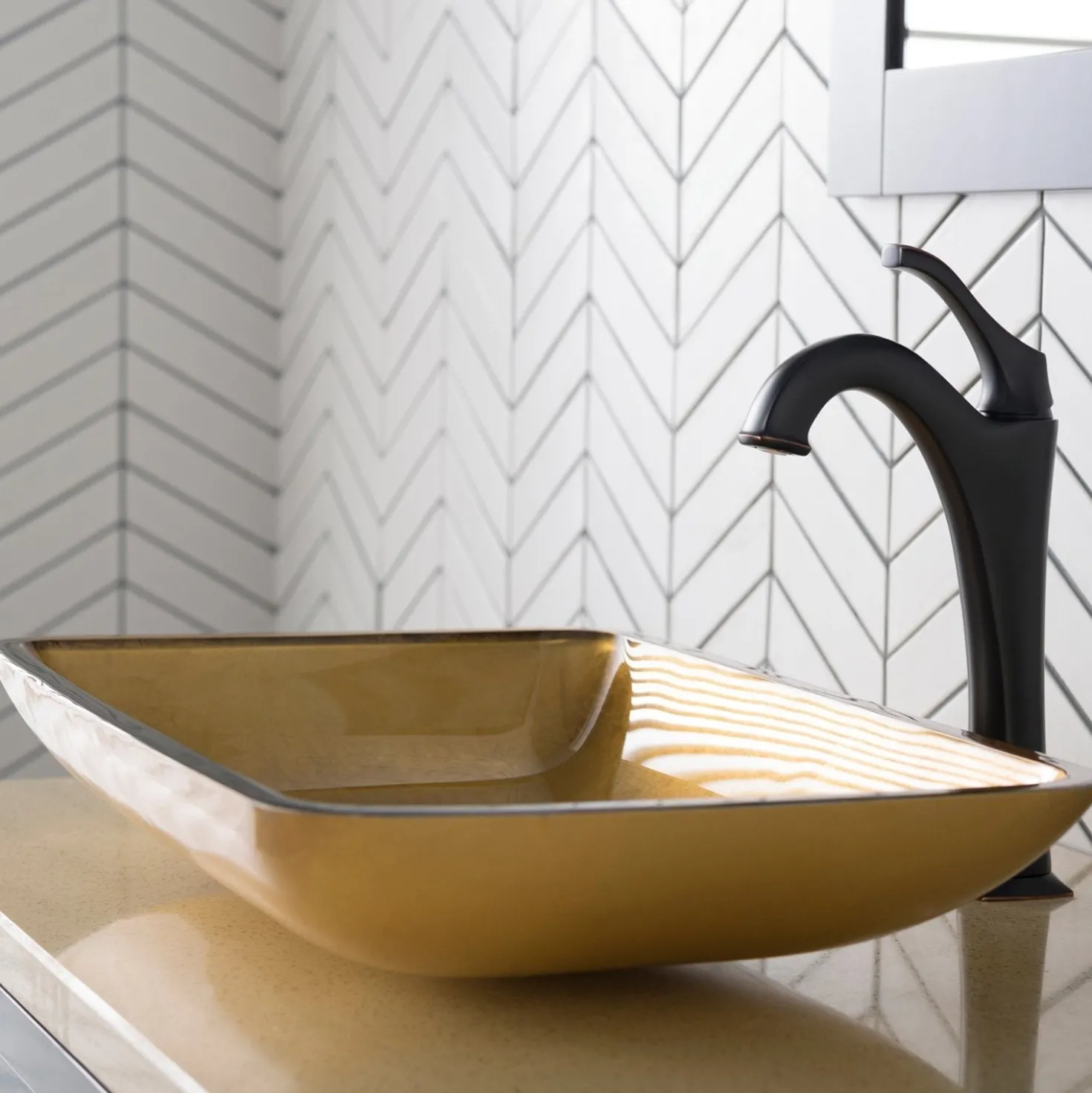 KRAUS 22-Inch Rectangular Gold Glass Bathroom Vessel Sink and Arlo Faucet Combo Set with Pop-Up Drain