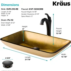 KRAUS 22-Inch Rectangular Gold Glass Bathroom Vessel Sink and Arlo Faucet Combo Set with Pop-Up Drain