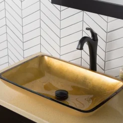 KRAUS 22-Inch Rectangular Gold Glass Bathroom Vessel Sink and Arlo Faucet Combo Set with Pop-Up Drain