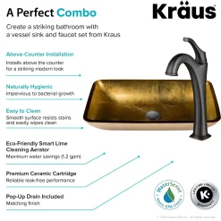 KRAUS 22-Inch Rectangular Gold Glass Bathroom Vessel Sink and Arlo Faucet Combo Set with Pop-Up Drain