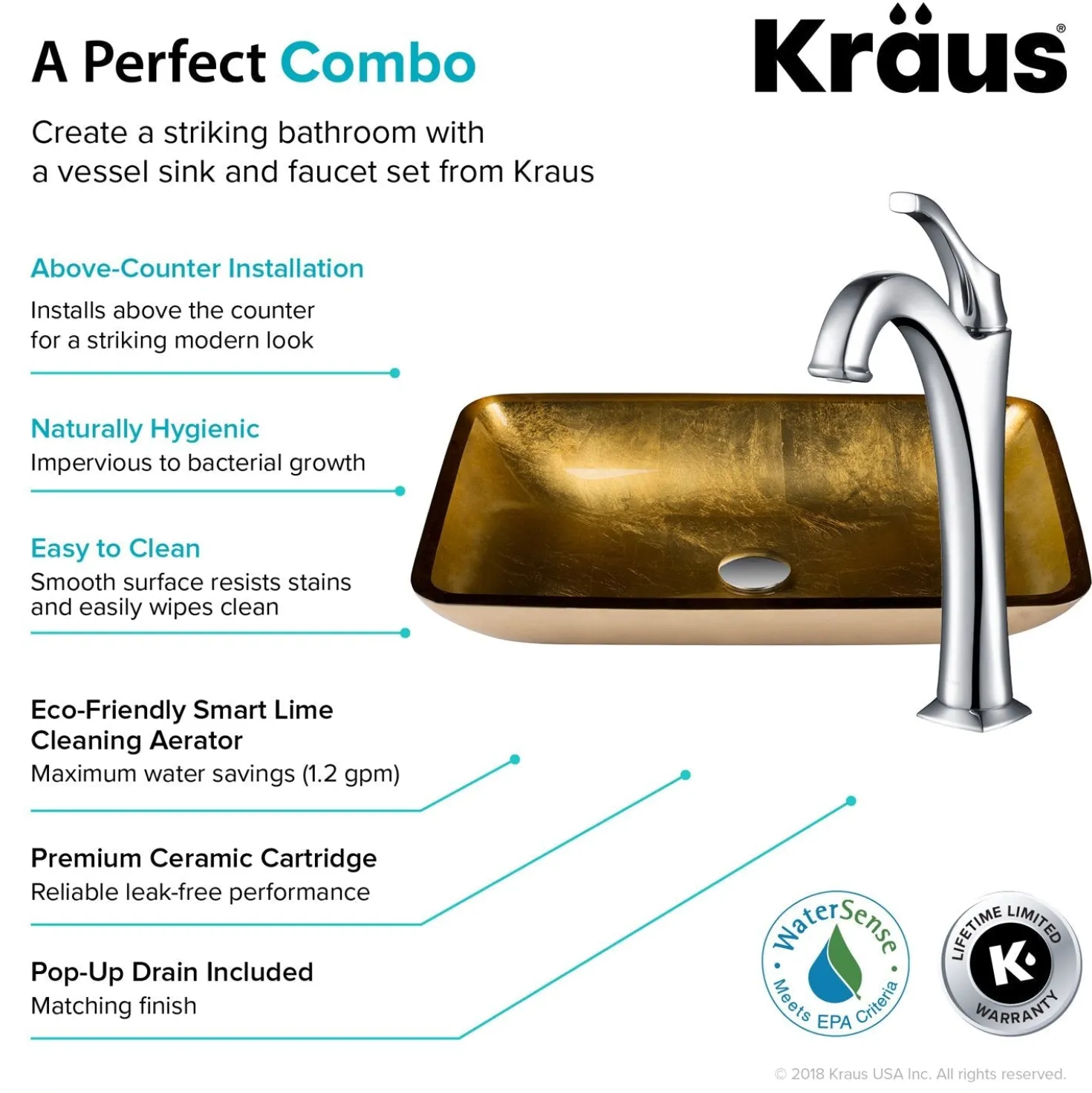 KRAUS 22-Inch Rectangular Gold Glass Bathroom Vessel Sink and Arlo Faucet Combo Set with Pop-Up Drain