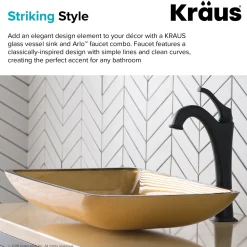 KRAUS 22-Inch Rectangular Gold Glass Bathroom Vessel Sink and Arlo Faucet Combo Set with Pop-Up Drain