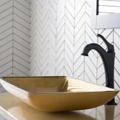 KRAUS 22-Inch Rectangular Gold Glass Bathroom Vessel Sink and Arlo Faucet Combo Set with Pop-Up Drain