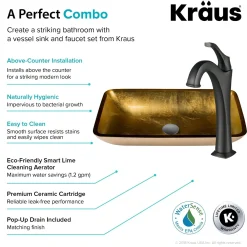 KRAUS 22-Inch Rectangular Gold Glass Bathroom Vessel Sink and Arlo Faucet Combo Set with Pop-Up Drain