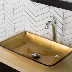 KRAUS 22-Inch Rectangular Gold Glass Bathroom Vessel Sink and Arlo Faucet Combo Set with Pop-Up Drain