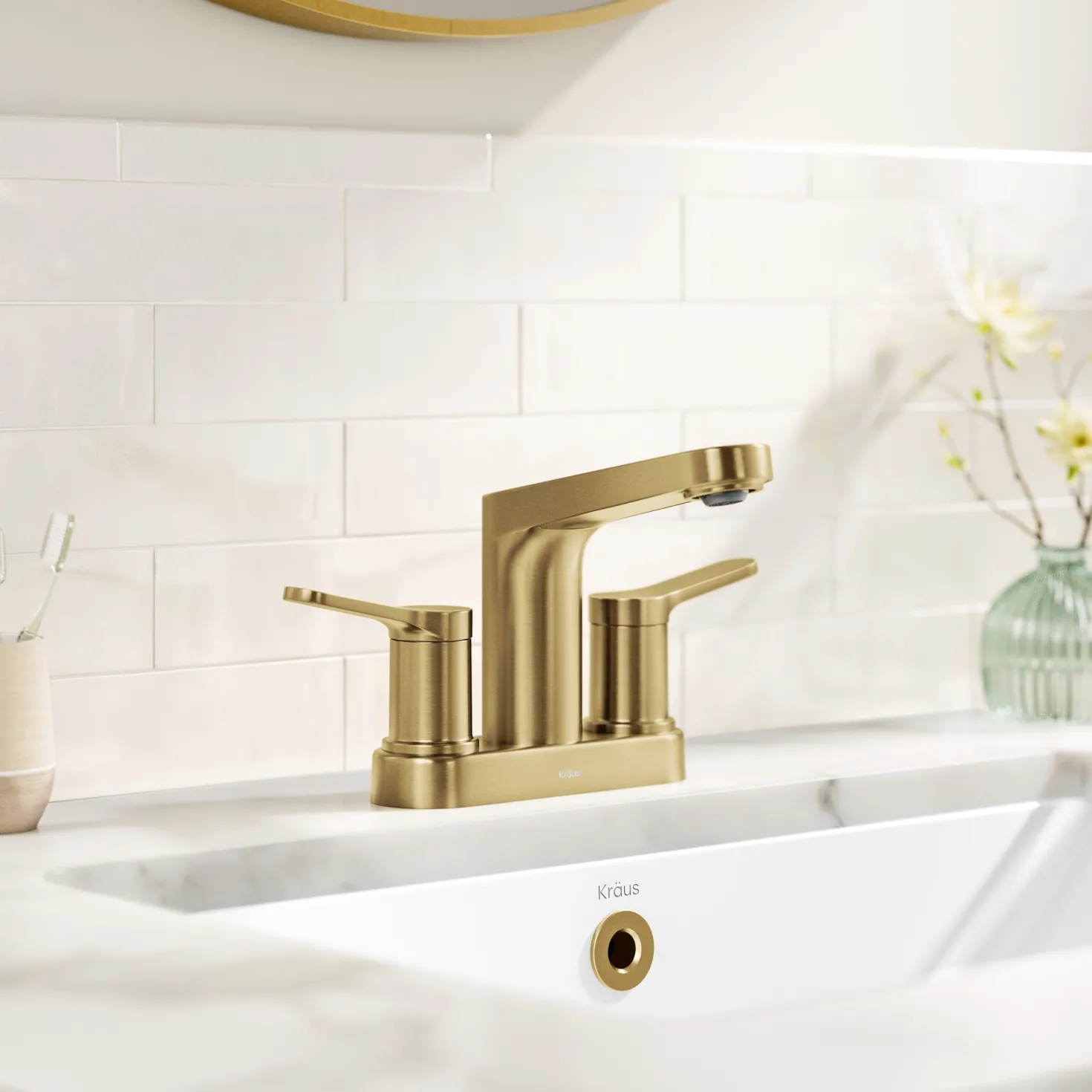 KRAUS Indy 2-Handle 4-inch Centerset Bathroom Faucet in Spot-Free Brushed Brass