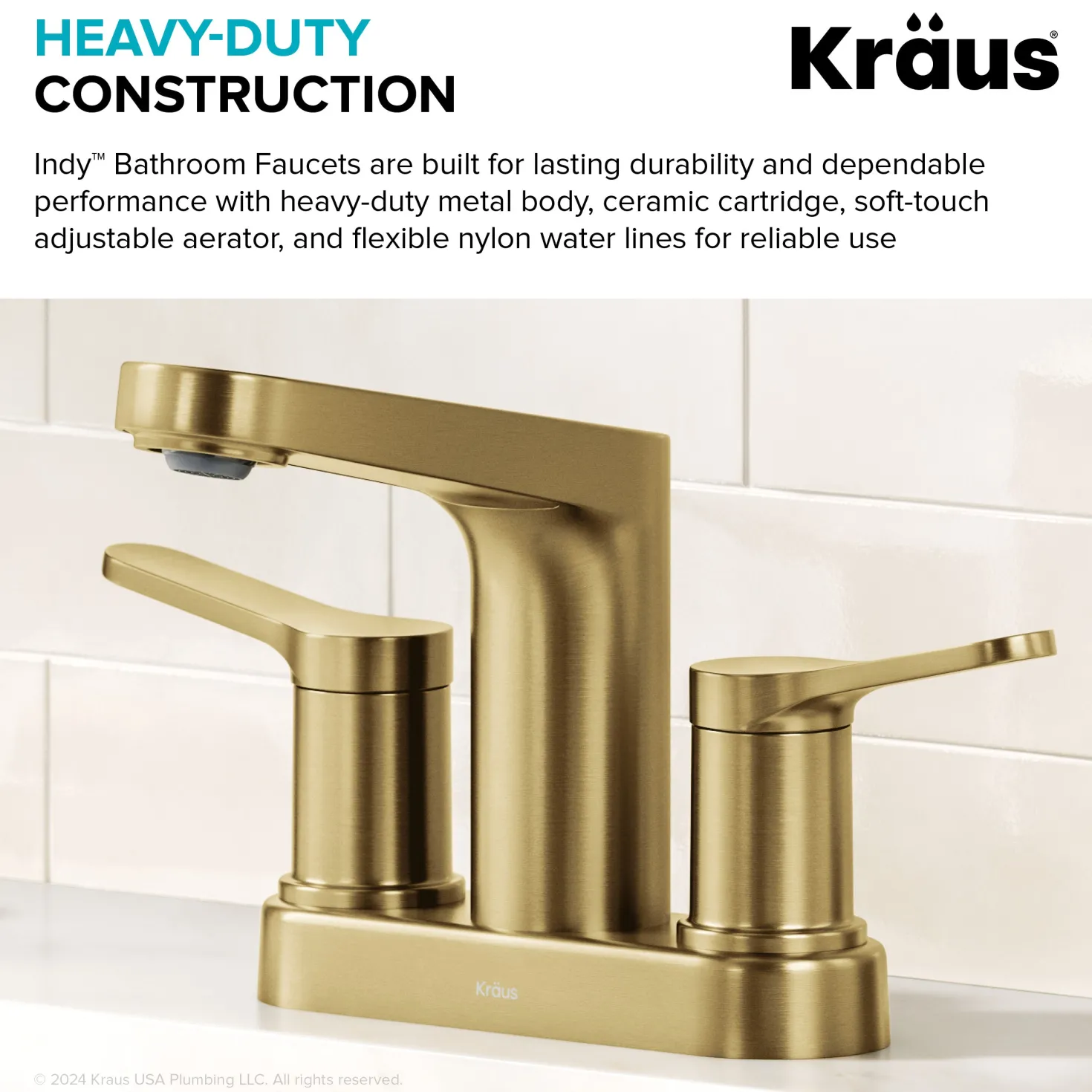KRAUS Indy 2-Handle 4-inch Centerset Bathroom Faucet in Spot-Free Brushed Brass
