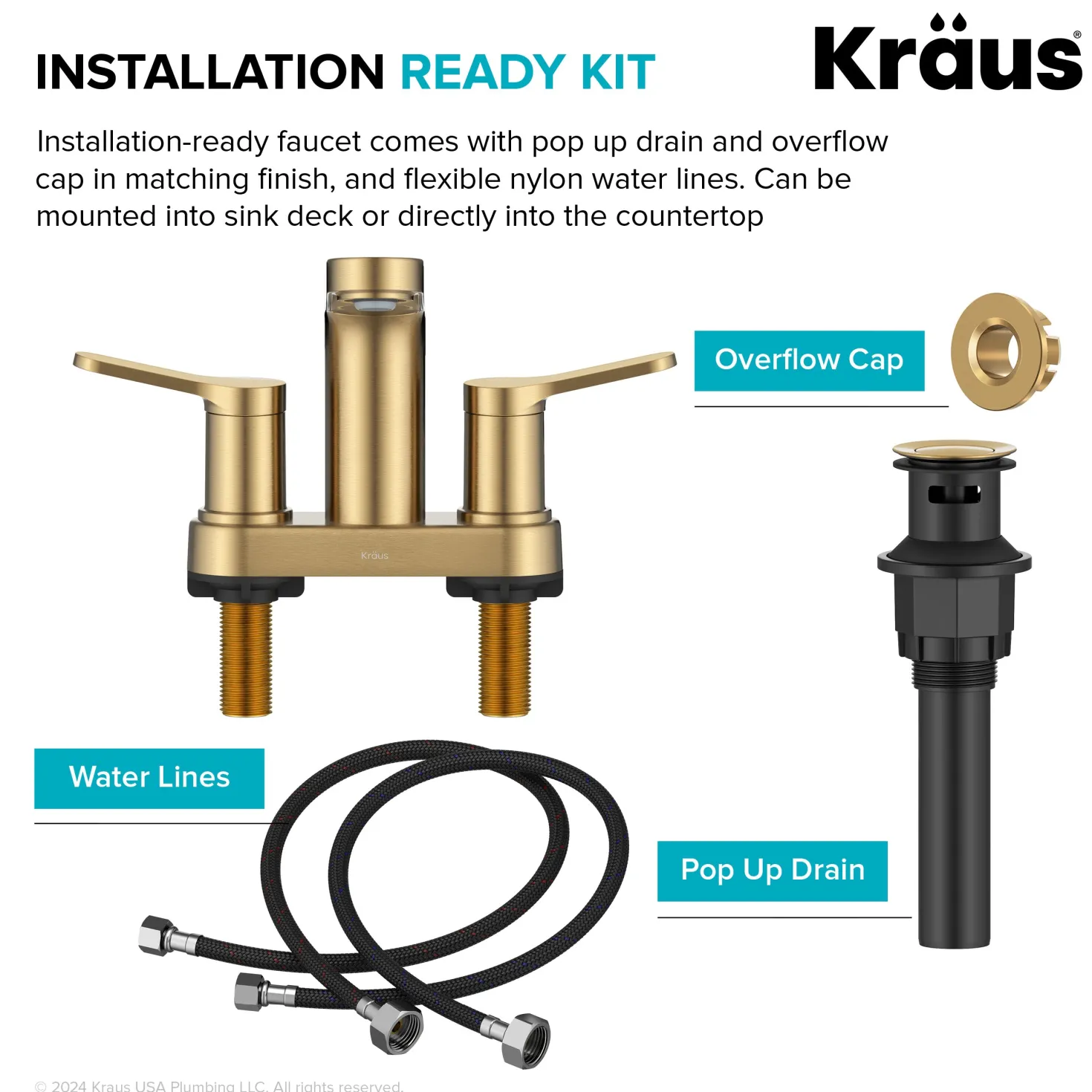 KRAUS Indy 2-Handle 4-inch Centerset Bathroom Faucet in Spot-Free Brushed Brass
