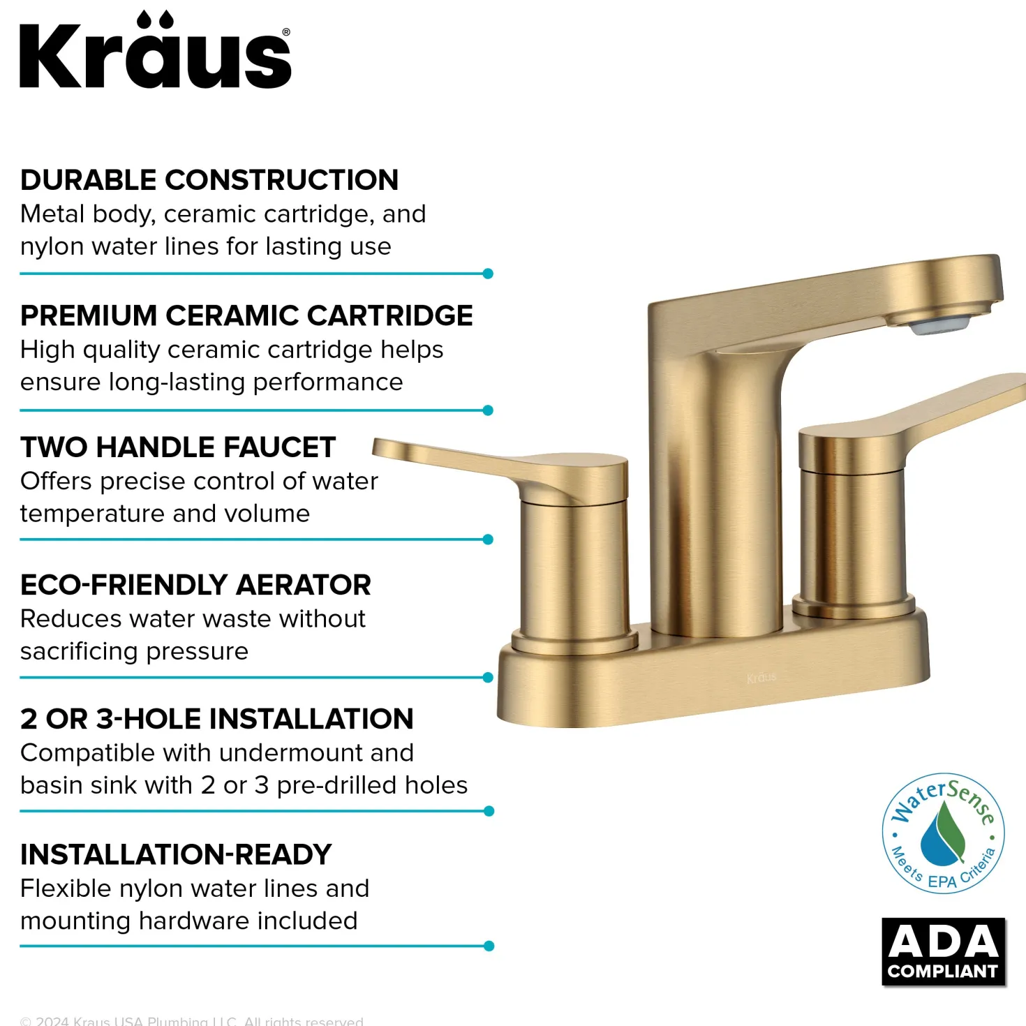 KRAUS Indy 2-Handle 4-inch Centerset Bathroom Faucet in Spot-Free Brushed Brass