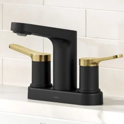 KRAUS Indy 2-Handle 4-inch Centerset Bathroom Faucet in Matte Black with Brushed Brass