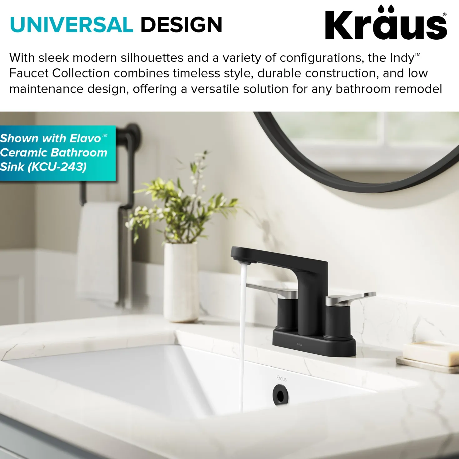 KRAUS Indy 2-Handle 4-inch Centerset Bathroom Faucet in Matte Black with Brushed Nickel