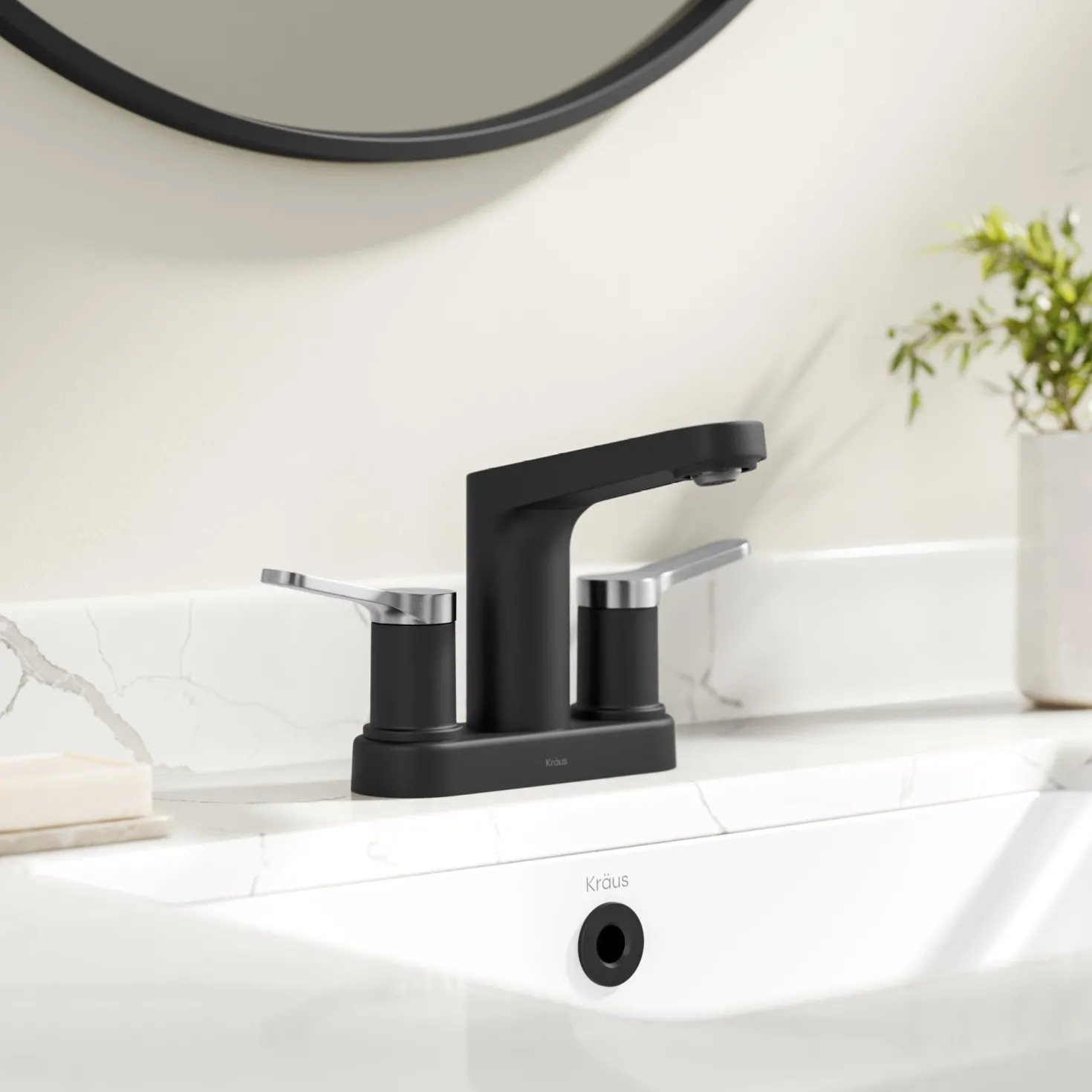 KRAUS Indy 2-Handle 4-inch Centerset Bathroom Faucet in Matte Black with Brushed Nickel