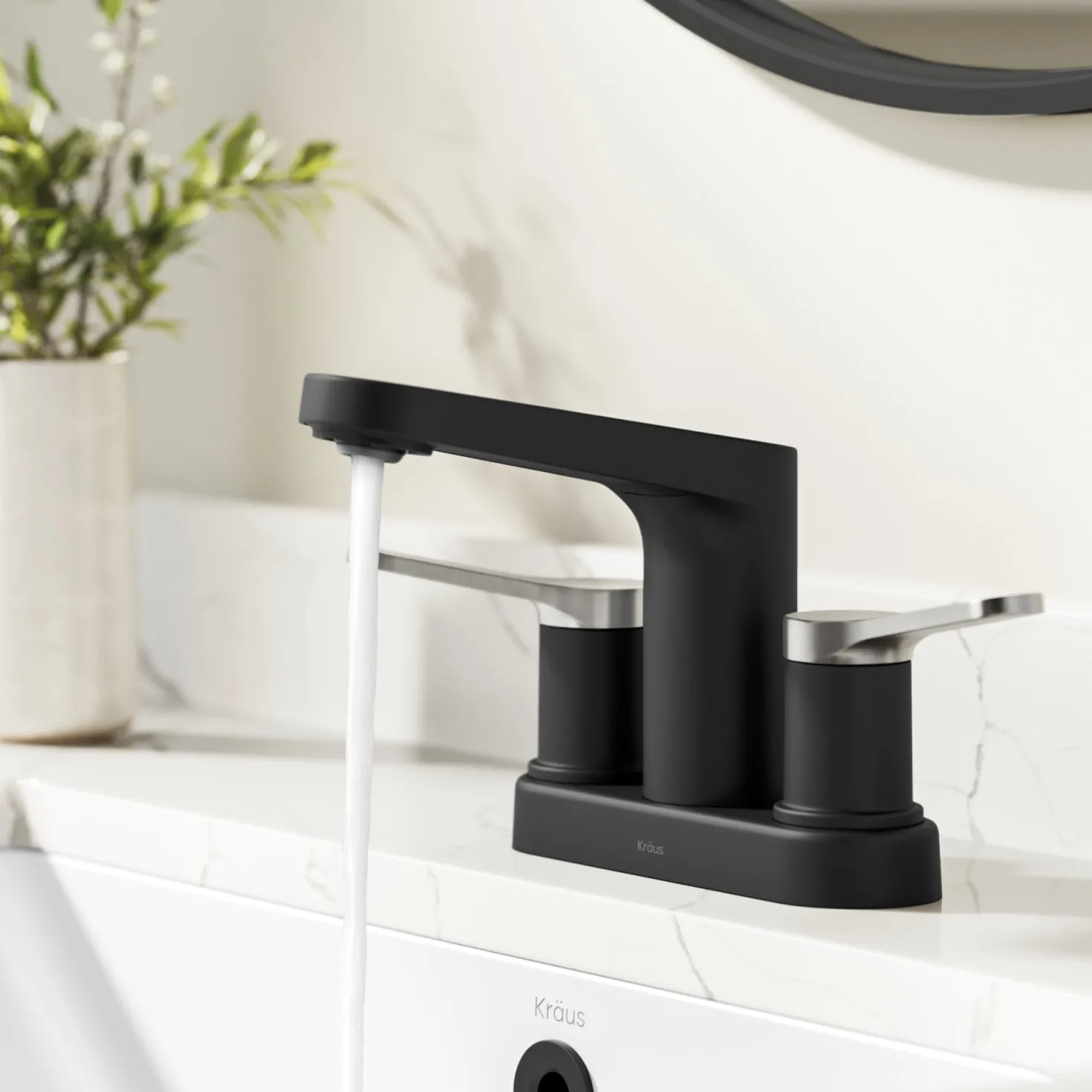 KRAUS Indy 2-Handle 4-inch Centerset Bathroom Faucet in Matte Black with Brushed Nickel