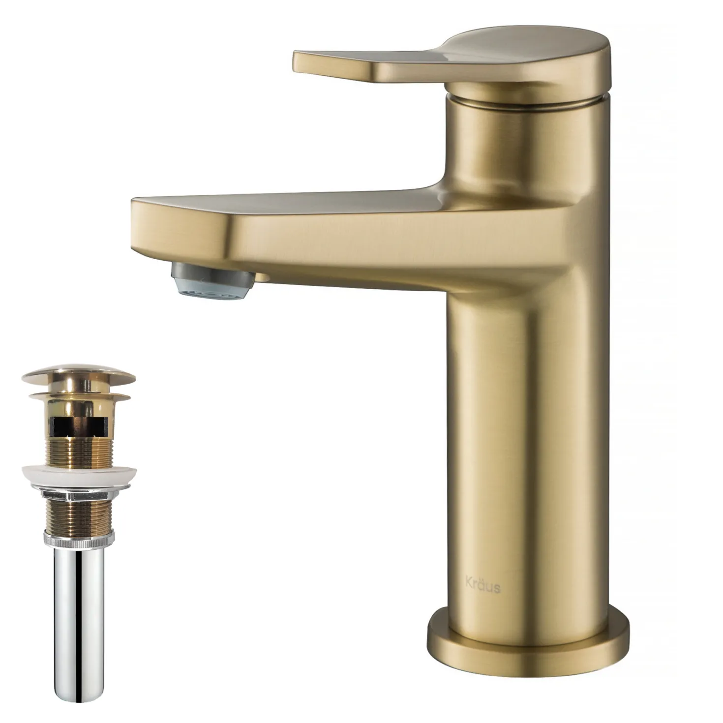 KRAUS Indy Single Handle Bathroom Faucet with Matching Pop-Up Drain in Brushed Gold