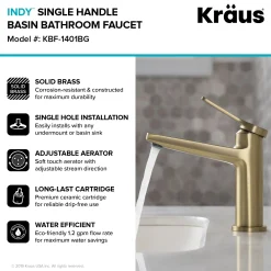 KRAUS Indy Single Handle Bathroom Faucet with Matching Pop-Up Drain in Brushed Gold