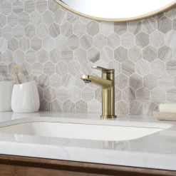 KRAUS Indy Single Handle Bathroom Faucet with Matching Pop-Up Drain in Brushed Gold