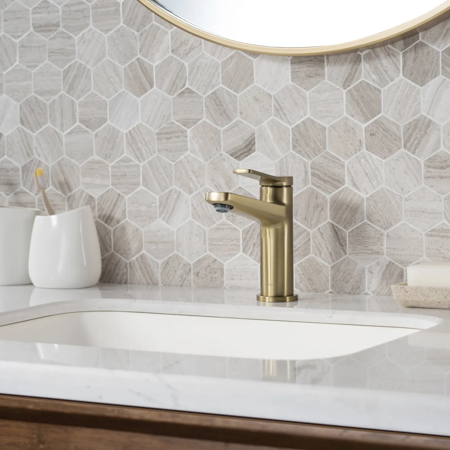 KRAUS Indy Single Handle Bathroom Faucet with Matching Pop-Up Drain in Brushed Gold