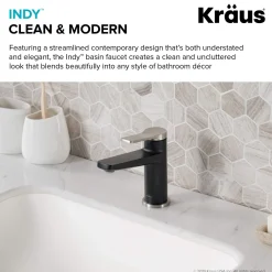 KRAUS Indy Single Handle Bathroom Faucet with Matching Pop-Up Drain in Spot Free Stainless Steel/Matte Black/Satin Nickel