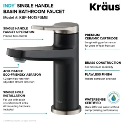 KRAUS Indy Single Handle Bathroom Faucet with Matching Pop-Up Drain in Spot Free Stainless Steel/Matte Black/Satin Nickel