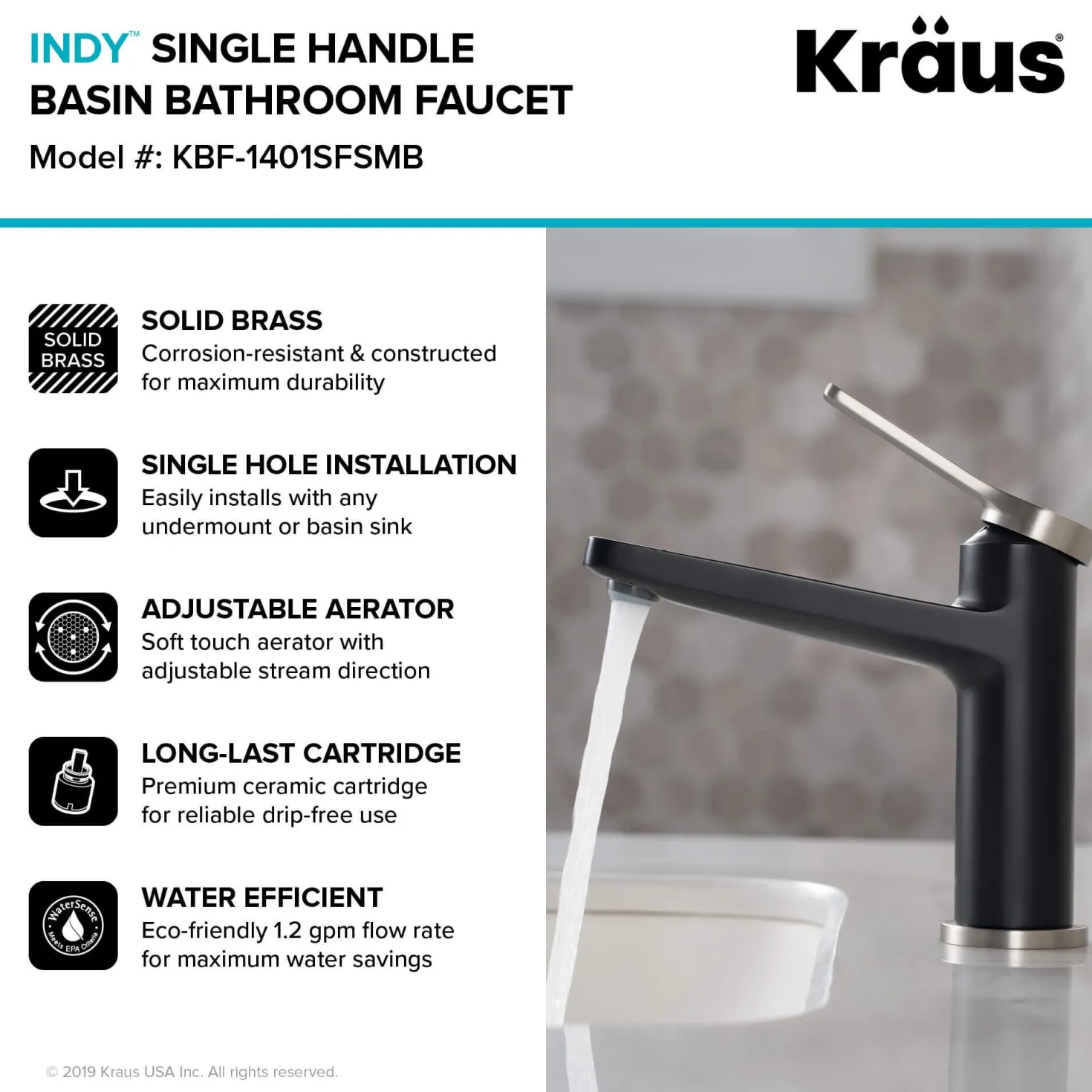 KRAUS Indy Single Handle Bathroom Faucet with Matching Pop-Up Drain in Spot Free Stainless Steel/Matte Black/Satin Nickel