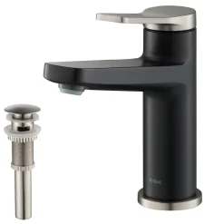 KRAUS Indy Single Handle Bathroom Faucet with Matching Pop-Up Drain in Spot Free Stainless Steel/Matte Black/Satin Nickel