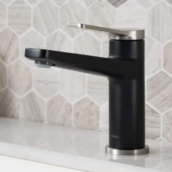 KRAUS Indy Single Handle Bathroom Faucet with Matching Pop-Up Drain in Spot Free Stainless Steel/Matte Black/Satin Nickel