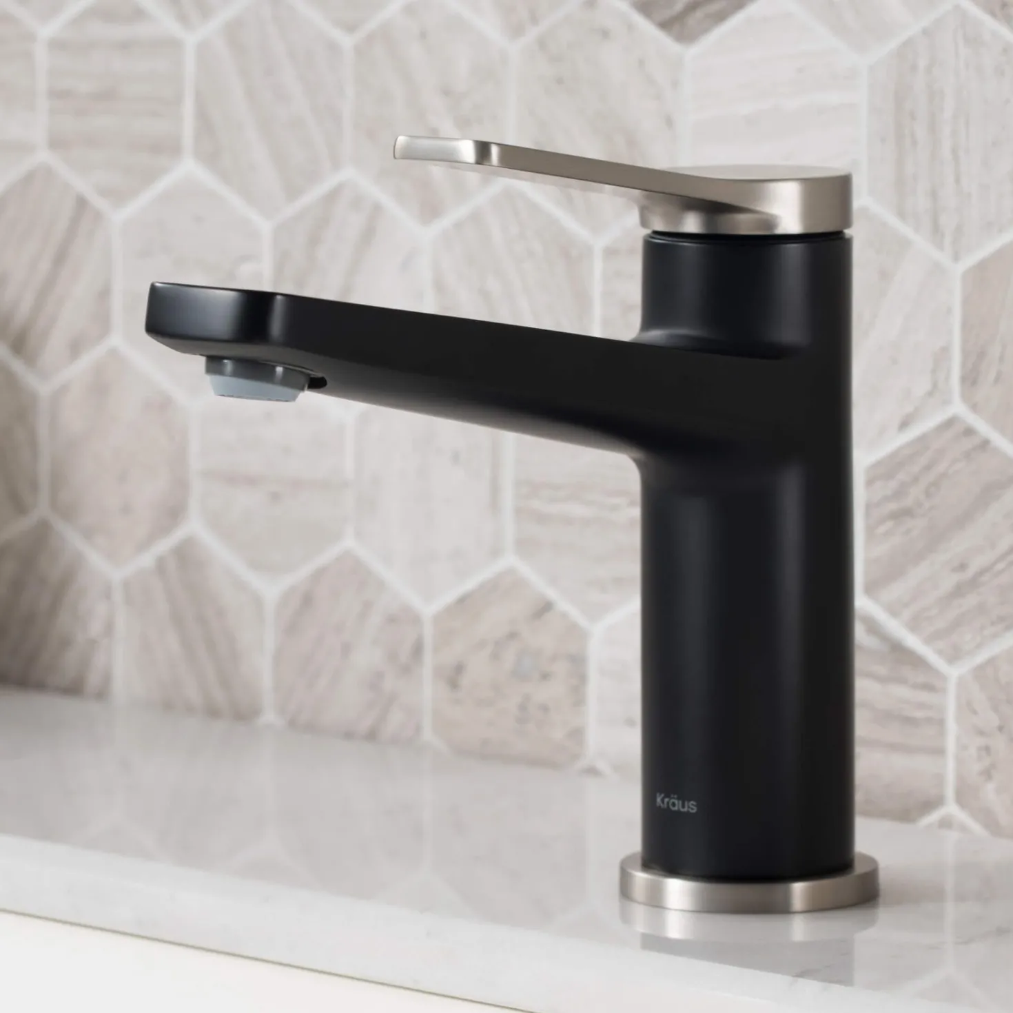 KRAUS Indy Single Handle Bathroom Faucet with Matching Pop-Up Drain in Spot Free Stainless Steel/Matte Black/Satin Nickel