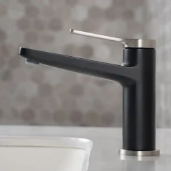 KRAUS Indy Single Handle Bathroom Faucet with Matching Pop-Up Drain in Spot Free Stainless Steel/Matte Black/Matte Black