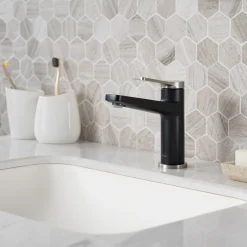 KRAUS Indy Single Handle Bathroom Faucet with Matching Pop-Up Drain in Spot Free Stainless Steel/Matte Black/Matte Black