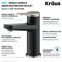 KRAUS Indy Single Handle Bathroom Faucet with Matching Pop-Up Drain in Spot Free Stainless Steel/Matte Black/Matte Black